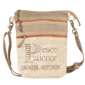 CLEA RAY Double Zipper Canvas Crossbody Bag Peace Patience Kindness Goodness NWT